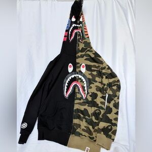 Bape Split Shark Zip-Up Hoodie – Black & Green Camo